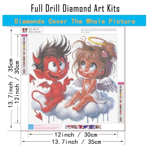 Adult 5D Diamond Painting Set, Cartoon Colorful Angel and Demon Diamond Painting Set, DIY Full Diamond Dot Gemstone Art Set, Suitable for Adult Beginners, Wall and Home Decoration, 14 x 14 inches - color: Cartoon Colorful Angel and Demon