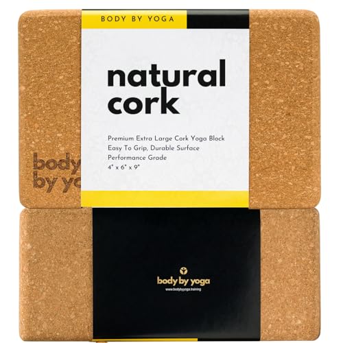 Cork Yoga Blocks 2 Pack – Premium Cork Grain, Highly Stable, Chip Resistant | Extra Large 4" x 6" x 9", No Wobble, Heavy Duty, Durable, Crumble-Free, Comfort Edges, Artisanally Crafted, Yoga Strap Set - color: Classic