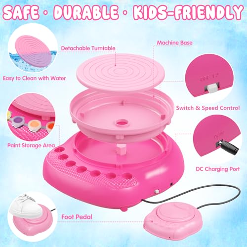 Weilim Pottery Wheel for Kids Beginners, Air-Dry Clay & Paint Kit Ages 6-12 | 3 Clay Packs, 14 Paint Colors, Sculpting Tools, Brushes, Palette,Apron; Gentle Beginner Spin, USB Rechargeable, No Oven - color: Pink