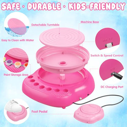 Weilim Pottery Wheel for Kids Beginners, Air-Dry Clay & Paint Kit Ages 6-12 | 3 Clay Packs, 14 Paint Colors, Sculpting Tools, Brushes, Palette,Apron; Gentle Beginner Spin, USB Rechargeable, No Oven - color: Pink