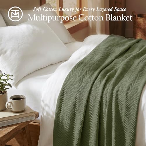 Threadmill Luxury 100% Cotton Twin Herringbone Blanket, Olive | All-Season Thermal Throw Blanket, Soft & Breathable, Cozy Moisture-Wicking, OEKO-TEX Certified, Machine Washable, 68x92 in - color: Olive, size: Twin (68" x 92")