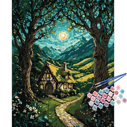 TOCARE Cabin Paint by Numbers Kit for Adults, Cabin in the Moonlit Forest Adult Paint by Number Canvas,Adults' Paint-by-Number Kits Nature Scenery 16x20inch (Without Framed) - color: TC-OPC5594