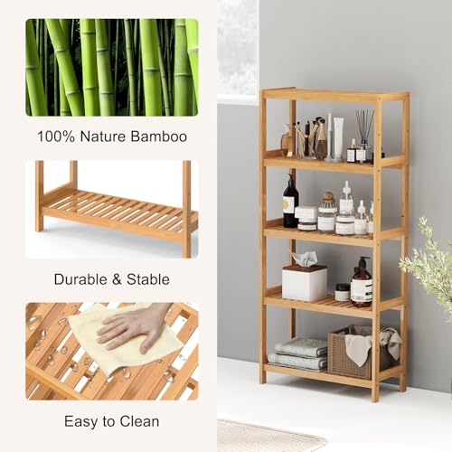 kinbor 5-Tier Bamboo Bathroon Shelf, Bamboo Rack Storage Shelving, Natural - size: 5-Tier