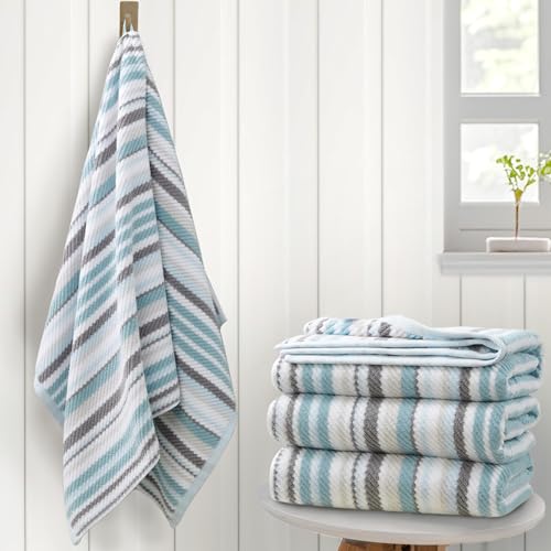 VOOVA & MOVAS Aqua Bath Towels 4 Pack, 100% Cotton, 28x52 in, Striped - color: Gray + Aqua Striped, size: 4 PC Bath Towels (28"x52")