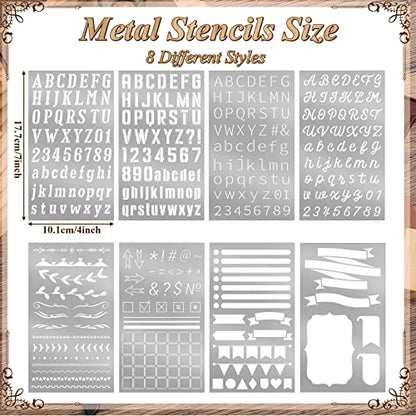 Lewtemi 8 Pcs Metal Journal Stencils, Stainless Metal Stencils Wood Tool Journal Style Scrapbooking DIY Wood Carving Engraving, Painting Planning Small Reusable Painting Template(Classic Style) - style: Classic Style,Retro,Vintage