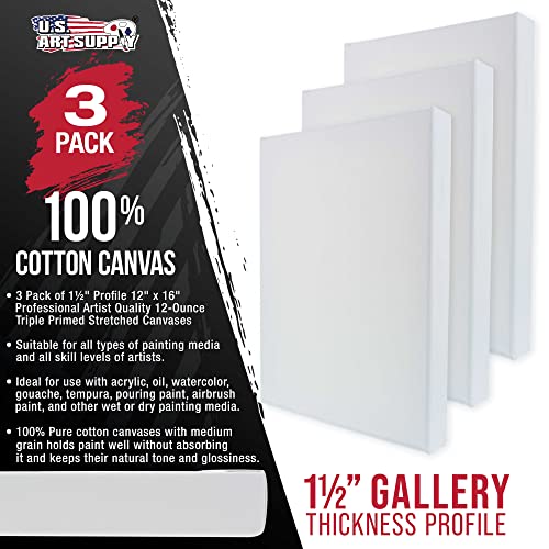 U.S. Art Supply 12 x 16 inch Gallery Depth 1-1/2" Profile Stretched Canvas, 3-Pack - 12-Ounce Acrylic Gesso Triple Primed, Professional Artist Quality, 100% Cotton - Acrylic Pouring, Oil Painting - size: 12" x 16"