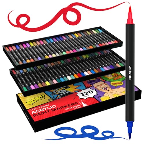 120 Dual Tip Acrylic Paint Markers Set | Colored Markers with Brush Tip | Art Markers for Adults | Acrylic Paint Pens for Rock Painting, Canvas, Glass, Wood, Ceramic, DIY Crafts, Fabric