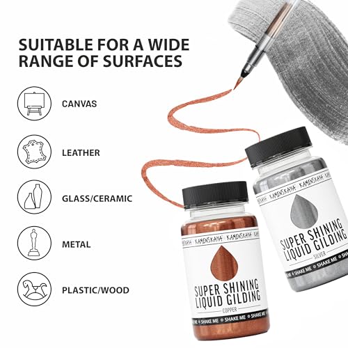 KAMENSKAYA Liquid Copper Leaf Paint - Alcohol Based Fast Drying Copper Liquid Leaf, 3.38 fl oz (100 ml) | Liquid Leaf Paint with Natural Metallic Pigment, Strong Shine, Pen Brush & Funnel, One-Coat Coverage – Made in EU - color: Copper, size: 3.38 Fl Oz (