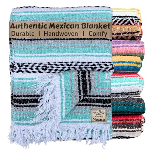 Del Mex Classic Mexican Blanket, Large Authentic Woven Falsa Throw (70"x50"), Artisan Southwest Décor for Beach, Yoga, Outdoors (Mint/Gray) - color: Mint/Gray