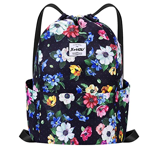 XEYOU Drawstring Backpack Bag Sport Gym Sackpack Beach Cinch Bag | Lightweight Swimming Bag, Water-Resistant Fabric, Travel Daypack for Women and Men - color: Colorful Flowers