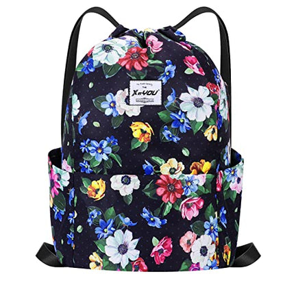 XEYOU Drawstring Backpack Bag Sport Gym Sackpack Beach Cinch Bag | Lightweight Swimming Bag, Water-Resistant Fabric, Travel Daypack for Women and Men - color: Colorful Flowers