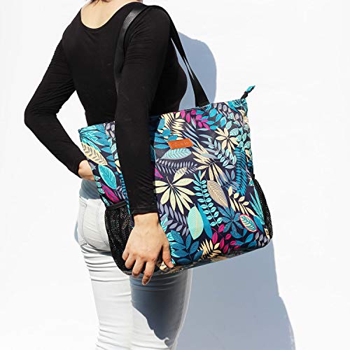 ESVAN Original Floral Water Resistant Large Tote Bag Shoulder Bag for Gym Beach Travel Daily Bags Upgraded - color: [V] Blue Leaf