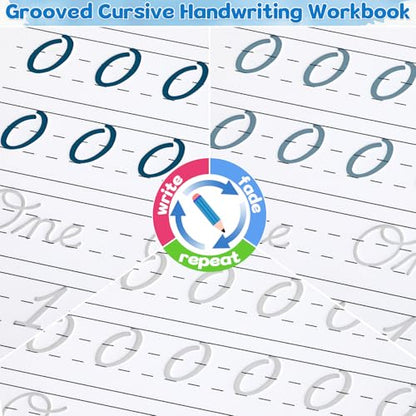 chiazllta Grooved Cursive Handwriting Workbook with Disappearing Ink Pens Magic Reusable Grooved Cursive Writing Practice for Beginners Kids Kickoff Student Workbook Homeschooling Supplies (Number) - style: Number