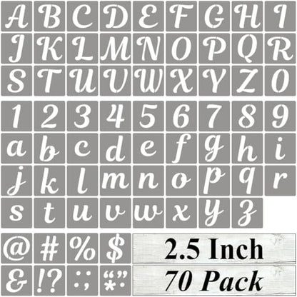 2.5 Inch Letter Stencils for Painting - 70 Pack Alphabet Letter and Number Stencil Templates with Signs for Painting, Reusable Cursive Alphabet Stencils for Chalkboard Wood Crafts & Wall Decor - size: 2.5 Inch