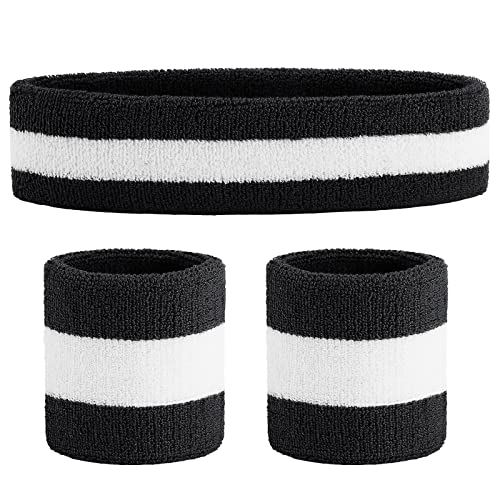 ONUPGO Sweatband Set Sports Headband Wristband Set Sweatbands Terry Cloth Wristband Wrist Sweatband Headbands Moisture Wicking Sweat Absorbing Head Band - color: Black/White/Black