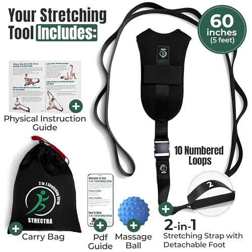 Stretch Strap with Loops Physical Therapy - Full Body Exercise Straps for Stretching with Detachable Foot - Leg & Calf Stretcher for Plantar Fasciitis, Physical Therapy, Pain Relief, and Flexibility - color: Black