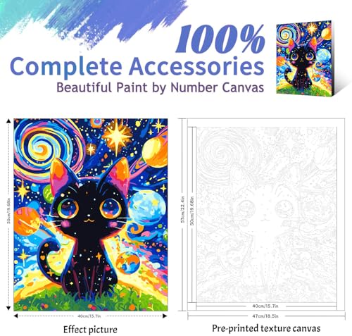 Yunnuo Paint by Numbers Kit for Adults Cat,Adult Paint by Number Kits on Canvas,Painting by Numbers for Beginners Black Cat and Starry Night,DIY Oil Painting Kit for Home Wall Decor Gift (16x20 Inch) - color: A-004-Planet Cat