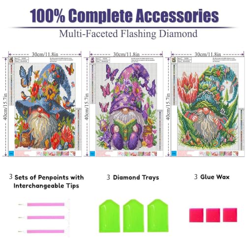 OFRKE Diamond Painting Kits for Adults,3 Pack Flower Dwarf Diamond Art for Beginners, Diamond Round 5D Full Drill Paint with Diamonds Pictures Gem Art Painting Kits DIY Crafts Kits 12x16inch - color: 3pcs-Small Dwarf
