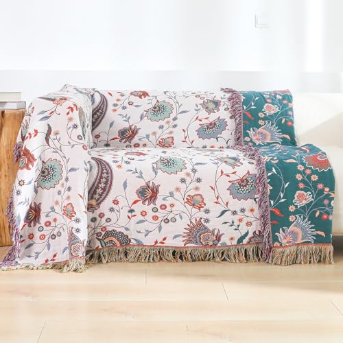 100% Cotton Boho Throw Blanket for Bed White Flowers 90"x98" - color: Cashews, size: 90"x98"