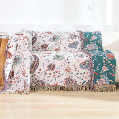 100% Cotton Boho Throw Blanket for Bed White Flowers 90"x98" - color: Cashews, size: 90"x98"