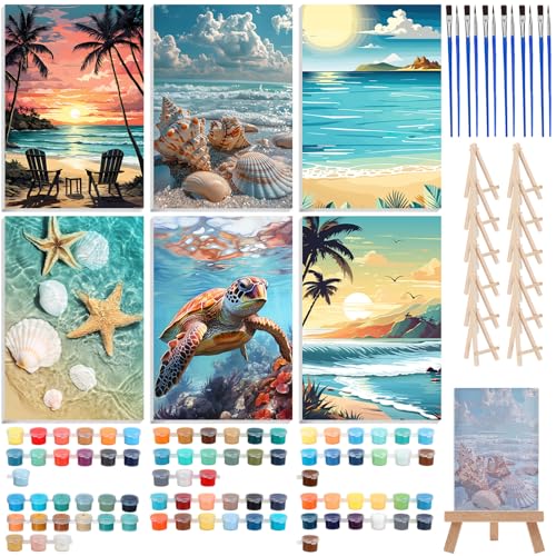 Honoson 6 Pack Beach Paint by Number Kits for Adults 8x12 Inch DIY Shell Turtle Beach Sea Ocean Paint by Number on Canvas with Frame Easel Acrylic Paints Brush for Beginners Home Wall Decor - style: Summer Beach