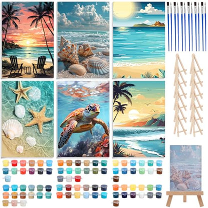 Honoson 6 Pack Beach Paint by Number Kits for Adults 8x12 Inch DIY Shell Turtle Beach Sea Ocean Paint by Number on Canvas with Frame Easel Acrylic Paints Brush for Beginners Home Wall Decor - style: Summer Beach