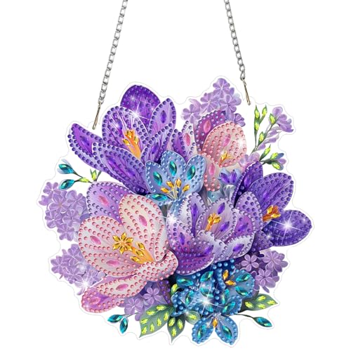 MAXBYE Diamond Art Kits Hanging Purple Flowers Pendant, DIY 5D Special Shaped Diamond Painting Craft Gem Art Rhinestone for Adults and Home Window Door Decor 8×8 Inch - color: Purple Flowers