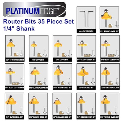 PLATINUMEDGE Router Bits Set, Tungsten Carbide Router Bits Set 1/4 Shank, Router Bit Kit for DIY, Woodworking Project, 35 Piece Set with Premium Aluminum Carry Storage Case - size: 35 Piece - 1/4 Inch Shank
