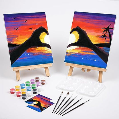 VOCHIC Sip and Paint Kit, Pre Drawn Canvas Couples Painting Party Kits Paint Art Set with Outline Canvas for Adults Date Night Couple Sunset Heart 2 Pack (12 x 16 Inches) - size: 12x16, style: Sunset Heart