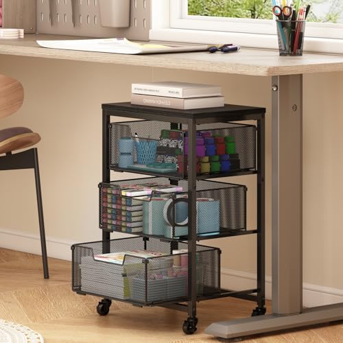 Under Desk Storage Cart with Lockable Wheels, 3-Drawer Rolling Storage Cart, Metal Utility Cart with Drawers for Art, Cart, Classroom, Office, Kitchen, Bedroom, Dorm Storage Under Bed - color: Black, size: 3 Drawers