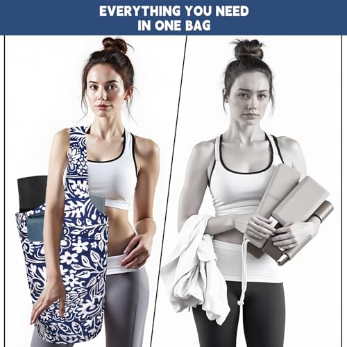 Yoga Mat Bag Carrier for Women with Side Large Pocket Durable Linen Workout Gym Travel Storage Pilates Mats - color: Chinoiserie
