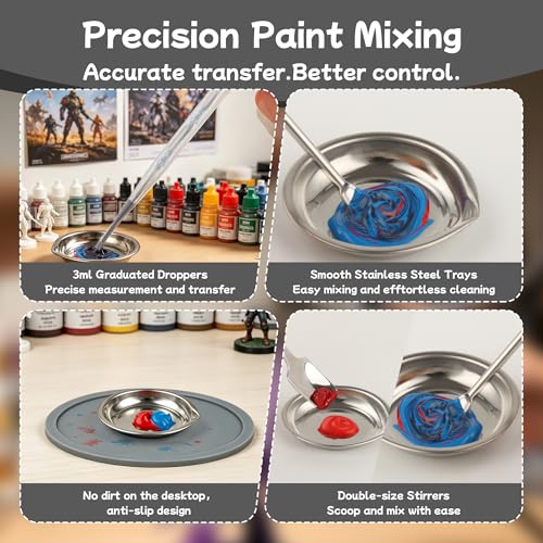 Professional Model Hobby Paint Mixing Palette Set – 12 Stainless Steel Paint Trays, 10pcs 3ml Pipette Eyedroppers, 2 Silicone Mats & Metal Paint Stirrers for Airbrush Kits, DIY Art & Hobby Painting