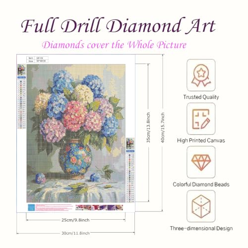 Hydrangea 5D Diamond Art Kit for Adults Full Drill gem art craft | 12x16 inch Round drill canvas, complete tool kit, DIY wall art, relaxing hobby for adults - color: QD159
