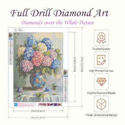 Hydrangea 5D Diamond Art Kit for Adults Full Drill gem art craft | 12x16 inch Round drill canvas, complete tool kit, DIY wall art, relaxing hobby for adults - color: QD159