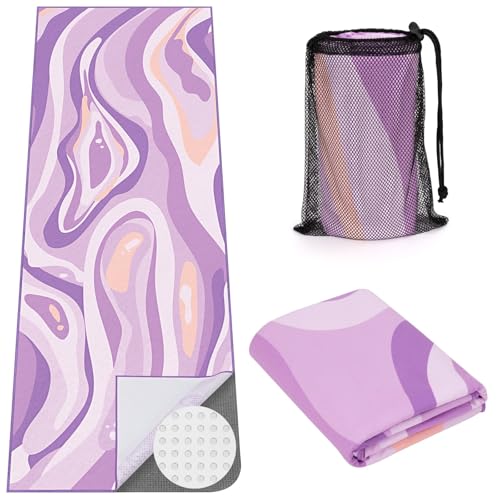 Yoga Mat Towel Cover with Large Corner Pockets, Non Slip Grip Microfiber Mat Cover Mat for Hot Yoga, Pilates and Gym Workout, 74" L x 26" W, Purple - color: Purple, size: 74"×26"