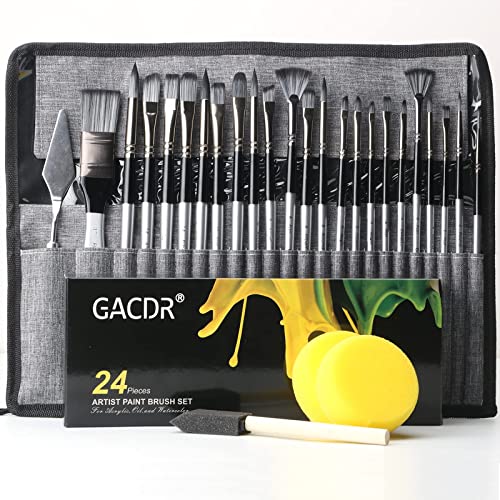 GACDR Acrylic Paint Brush Set, 24 Pieces Paint Brushes for Acrylic Painting with Cloth Roll Case and 2 Sponges, Pinceles para Acrilico for Oil Watercolor Gouache…