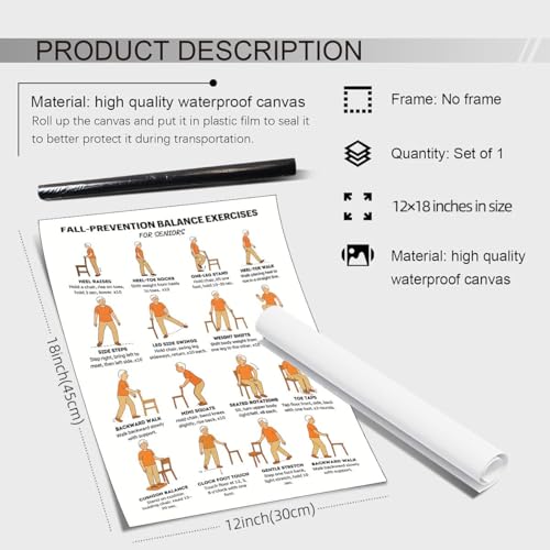 Fall Prevention Balance Exercises for Seniors Posters Seated Workout Charts for Seniors & Beginners 12x18 Inch Unframed Chair & Standing Mobility Training Wall Art Living Room Bedroom Home Gym Decor - color: Balance Wall Art, size: 18"L x 12"W, style: Unf