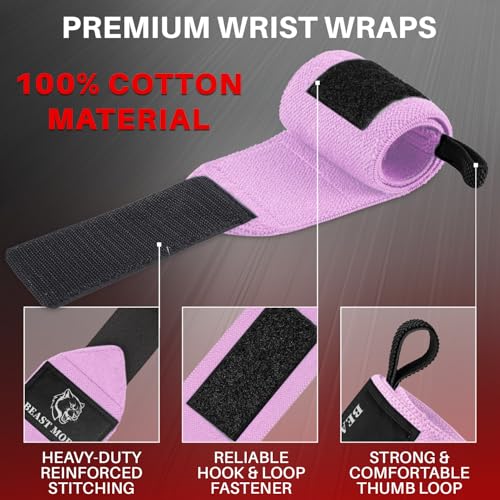 TECEUM Elastic Cotton Weightlifting Wrist Wraps with Thumb Loops, 1 Pair - color: Pink, style: 12" – Queen of Lifts