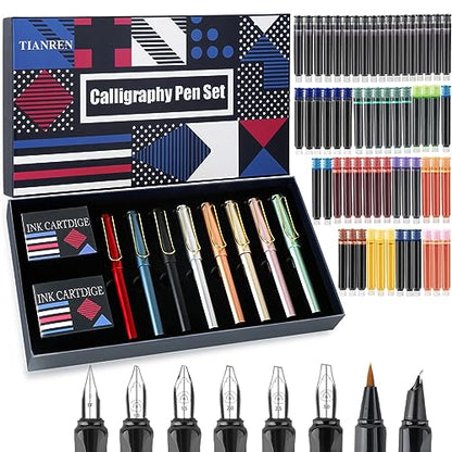 TIANREN Calligraphy Pen set,Fountain Pens with 8 Different Replaceable Nibs with 60 Ink Cartridges(12 Colors),Calligraphy set for Beginner Writing Drawing.
