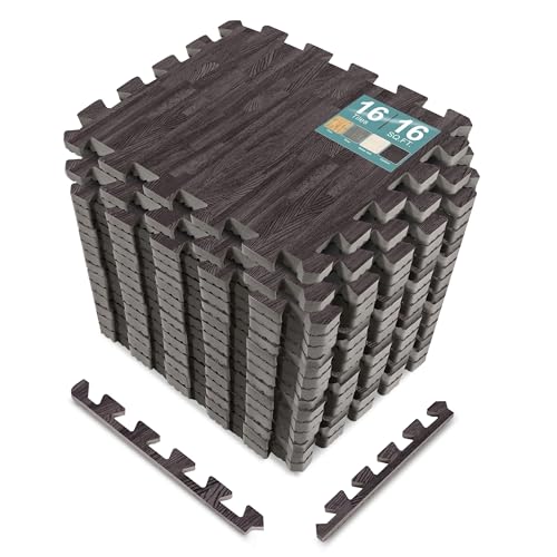 Sorbus Wood Grain Foam Floor Tiles (16 Tiles, 16 Sq Ft, Carbon) | Interlocking mats for basement flooring; each tile covers 1 square foot and is 3/8-inch thick for home, office or playroom. - color: Carbon