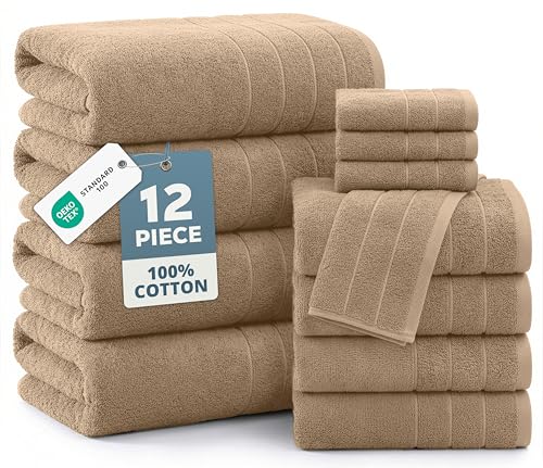 Casa Platino Bath Towel Set Quick Dry 100% Cotton 12 Piece Soft - Beige | Cotton Towels - Classic Terry Weave, Densely Woven, Coordinated Colors, Dobby Border Accent, OEKO-TEX Certified - color: 04: Beige, size: 12 Piece Towel Set