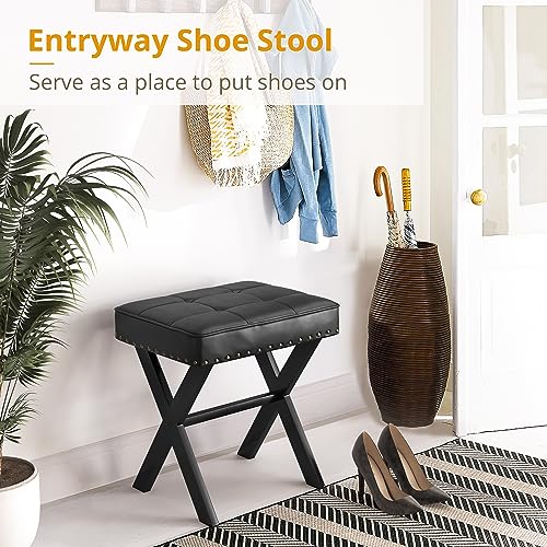 LUE BONA Vanity Stool - Square Faux Leather Makeup Seat With Metal X Legs, Small Ottoman Chair for Makeup Room, Living Room - Modern Padded Foot Rest, Black - color: Black