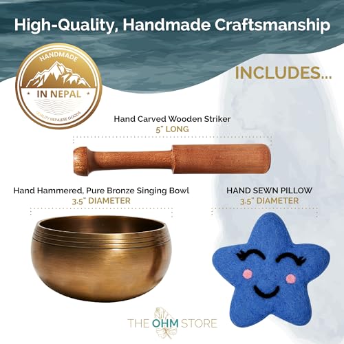 Ohm Store Pure Bronze Tibetan Singing Bowl Set — Children's Musical Percussion Instrument for Meditation and Mindfulness Practices — Little Ohmies Skye Character Pillow and Bronze Sound Bowl - style: Skye