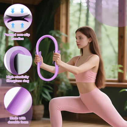 Pilates Ring Set with Resistance Bands– Anti-Slip Magic Circle Pilates Ring for Home Workouts, Full-Body Toning, Strength Training for Women 14PCS - color: Purple