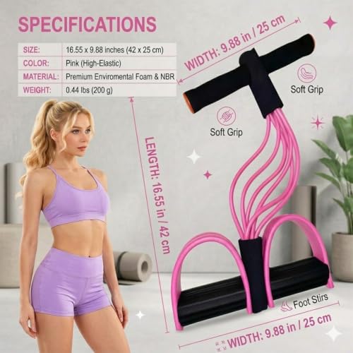Multifunction Pedal Resistance Band with Handles, Pink | 6-Tube Natural Rubber Elastic Yoga Pedal Puller for Home Workouts, Full-Body, Core Strength, Arm Training and Leg Exercises
