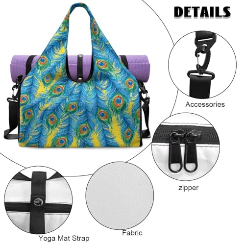 Yoga Gym Bag with Removable Adjustable Shoulder Strap, Shoe Compartment & Top Yoga Mat Holder 17.72x8.66x9.84in - color: Blue Peacock Feather Print