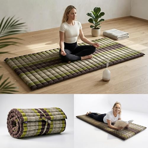 Leewadee Thai Roll Mat 75 x 28 inches Kapok Firm | Breathable folding mattress for sleeping, yoga, meditation & massage. For travel, camping, the car or as a guest bed - color: Sf20 - Brown, Green, size: M: 75x28"