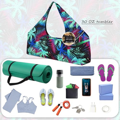 Large Yoga Mat Bag Yoga Bags and Carriers Fits All You Stuff Yoga Tote Bag with Yoga Mat Strap, Elastic Pockets and Zipper Pockets - color: black cyan