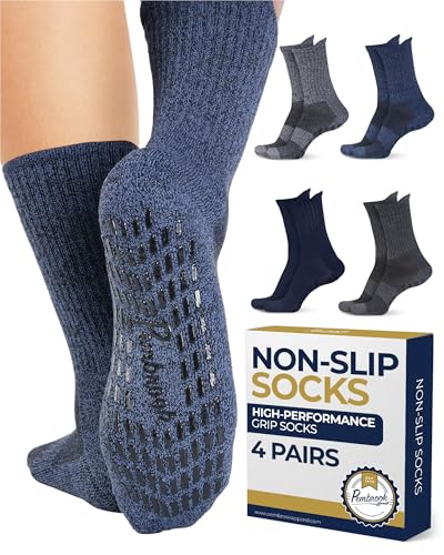 Pembrook Non Slip Crew Grip Socks Men & Women - 4 Pairs | Non Slip Socks for Elderly, Hospital, Pilates, Yoga, Barre, Home - color: Gray, Navy, Blue, Light Gray - 4 Pairs, size: Medium