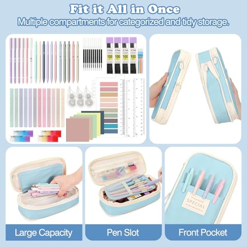 MoKo Pencil Case with Supplies, 60Pcs Aesthetic School Set, Blue | Includes highlighters, gel and ballpoint pens, mechanical pencils, refills, sticky notes, correction tapes and rulers. - color: Blue-60P